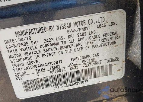 2010 Infiniti G37X from USA, damaged, VIN JN1CV6AR4AM252877